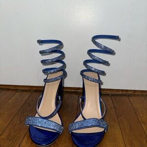 Blue Rhinestone Spiral Strap Block Heel Sandals – Glam Party Heels